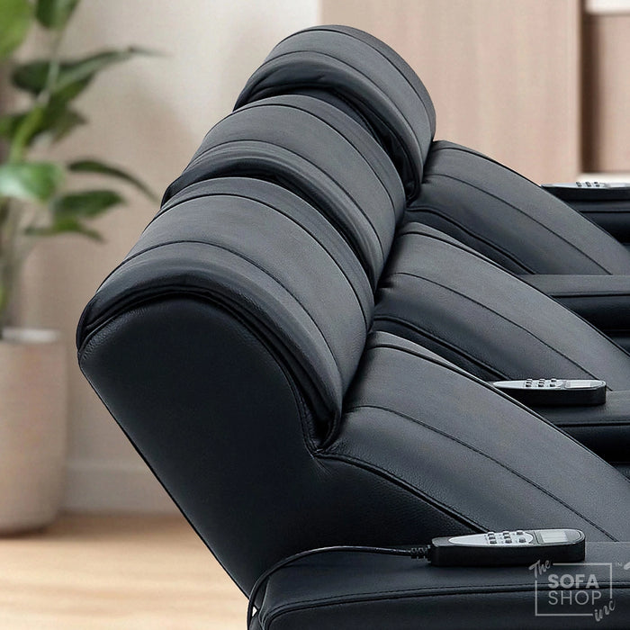 3 Seater Black Real Leather Power Recline Cinema Sofa | Hi-Tech Sofa With 8-Point Vibration Massage, Heated Lumbar & Cooler Cup Holders | Rimini | The Sofa Shop