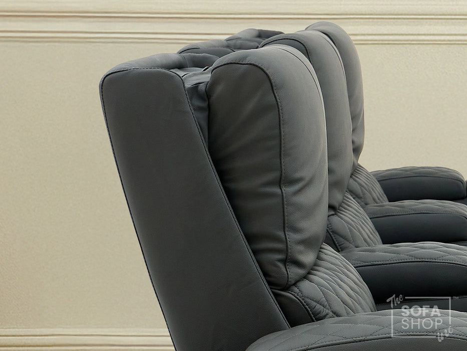 Real Leather 3+1 Home Theatre Sofa Suite In Grey | 2 Piece Reclining Cinema Sofa Package With Massage, Low Heated Lumbar, Power Lumbar, LED & Cooling Cup Holders | Assisi