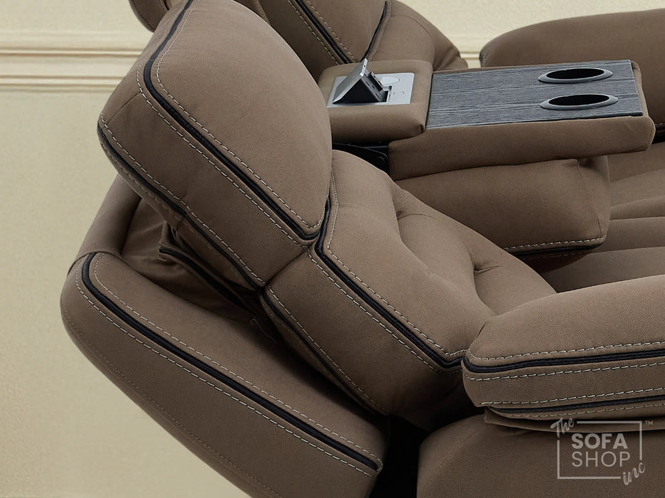3 Seater Electric Recliner Cinema Sofa in Mocha Brown Fabric | Power Headrests, Bluetooth Speakers, Fold-Down Table & Storage | Tuscany