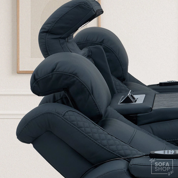 3 Seater Electric Recliner Cinema Sofa in Blue Genuine Leather with Massage, Drop-Down Table, Cup Holders, Power Recliner, USB Ports & Storage Box | Napoli