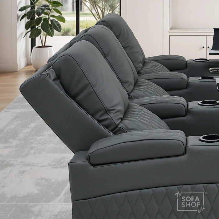 Real Leather 3+1 Home Theatre Sofa Suite In Grey | 2 Piece Reclining Cinema Sofa Package With Massage, Low Heated Lumbar, Power Lumbar, LED & Cooling Cup Holders | Assisi