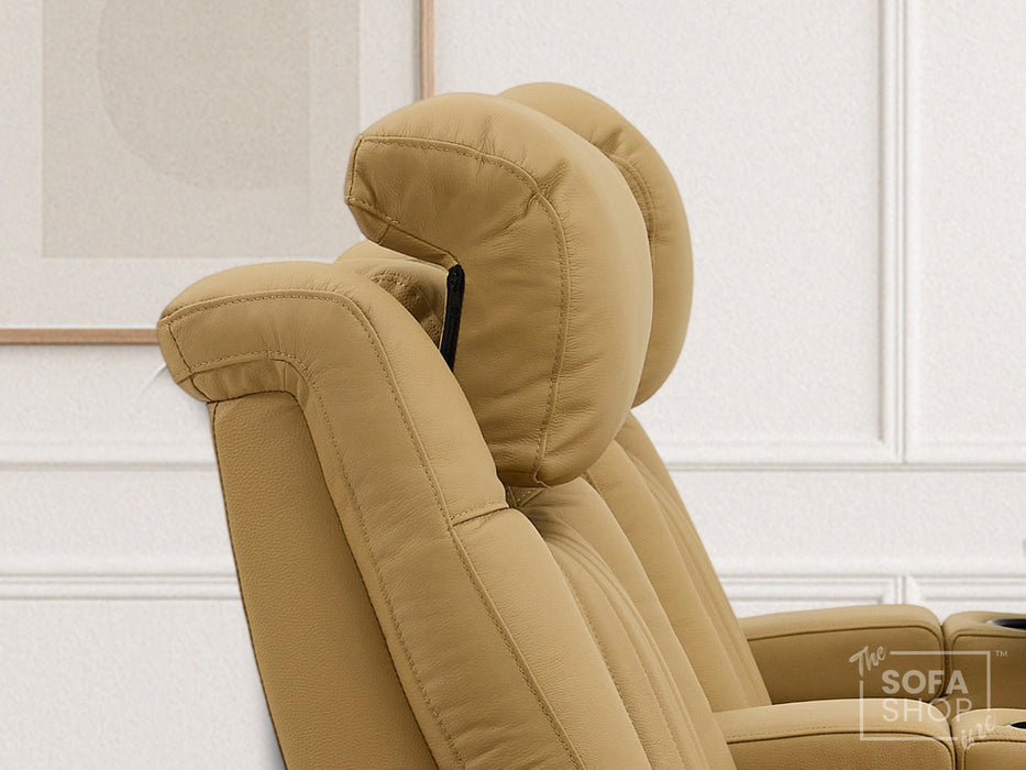 2 Seater Real Leather Power Recliner Sofa in Tan | Cinema Sofa with Console & USB Charging, Cup Holders, Storage, LED Lights & Massage | Capri
