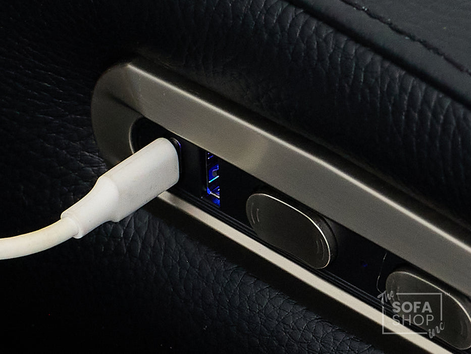 2 Seater Black Real Leather Electric Recliner Cinema Sofa | Smart Cinema Sofa in Black with Power Headrests, LED, Table & Vibration Massage| Capri | The Sofa Shop