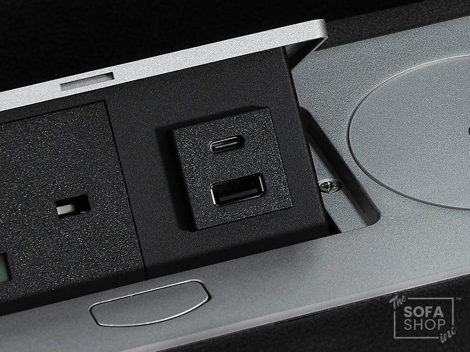 3+2 Electric Recliner Sofa Set in Black Real Leather | Hi-Tech Cinema Package with Massage, Drop-Down Table, Power Headrest, Power Recliner, Storage Drawer, USB & Wireless Charging | Sicily