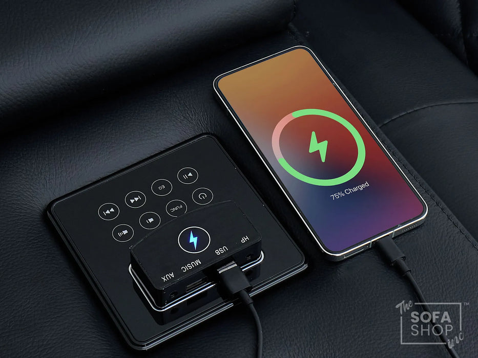 2 Seater Real Leather Electric Recliner Cinema Sofa in Black | Hi-Tech Sofa with Adjustable Headrest, Lumbar Support, Bluetooth Speaker | Milano | The Sofa Shop