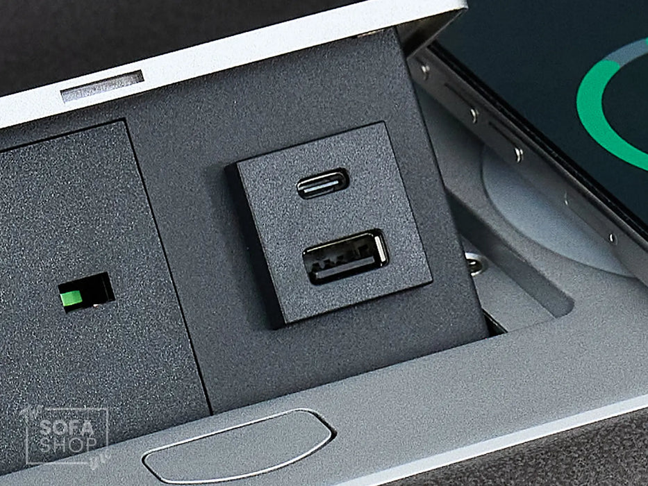 3 Seat Electric Recliner Home Cinema Theatre Sofa | Fabric Couch In Grey + Cupholders + Table + Power + USB + Speakers | Vinsonova | The Sofa Shop