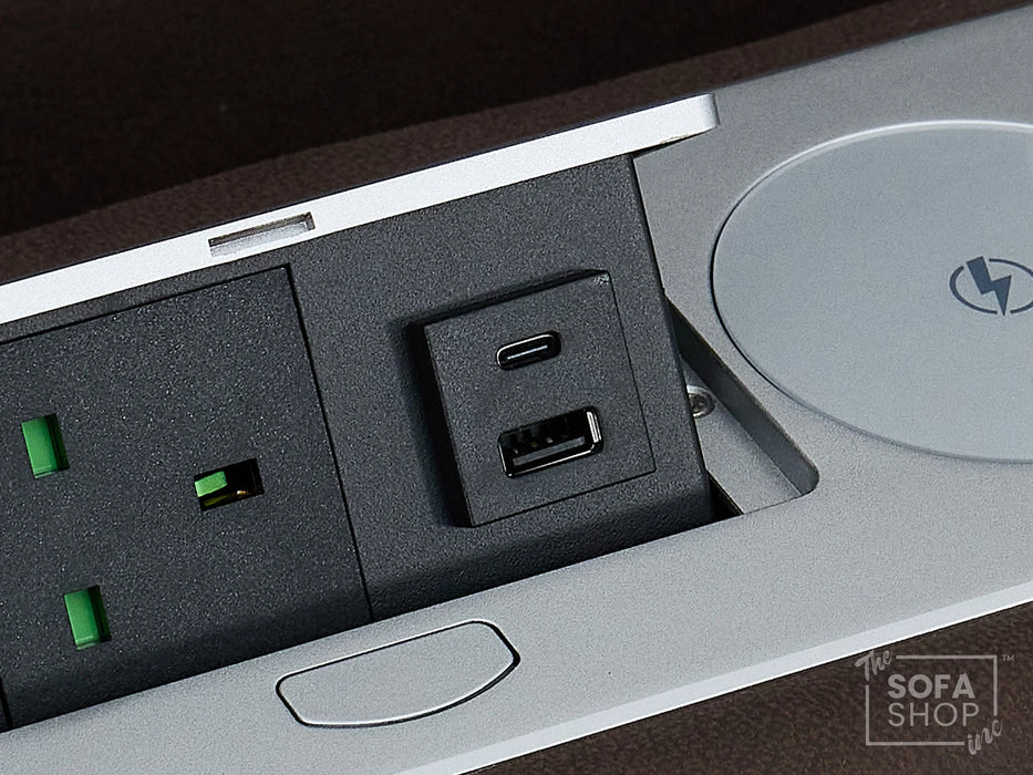 3+2 Electric Recliner Sofa Set in Brown Resillience Fabric | Hi-Tech Cinema Package with Massage, Drop-Down Table, Power Headrest, Power Recliner, Storage Drawer, USB & Wireless Charging | Sicily