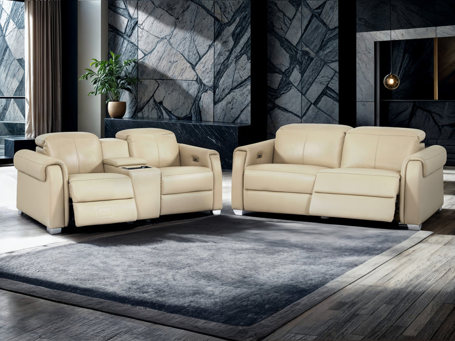 3 2 Electric Recliner Sofa Set with Power Headrest, USB Charging Ports | Beige Leather Sofa | Turin | The Sofa Shop