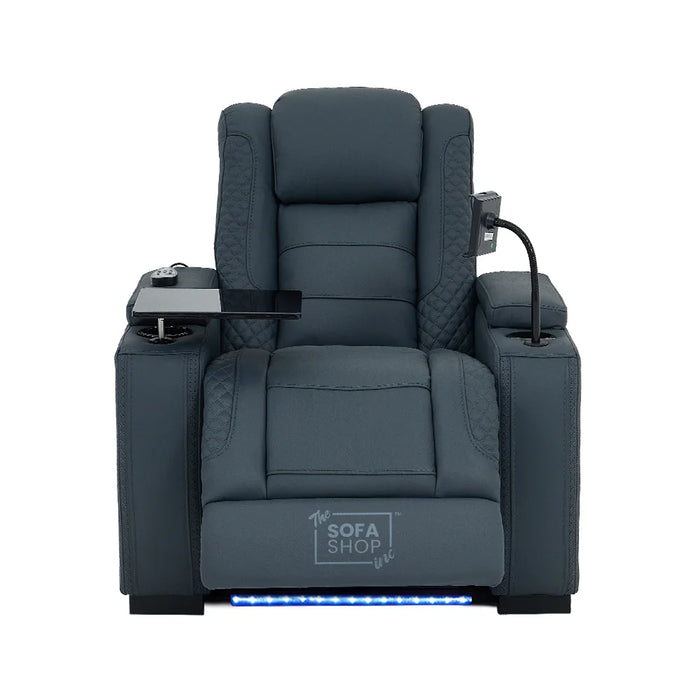 1 Seater Real Leather Electric Recliner Cinema Chair in Blue | Massage & Heat, Tray Table, Power Grommet & Cooling Cup Holder | Napoli | The Sofa Shop