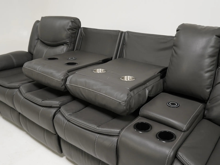 4 Seater Electric Recliner Sofa in Grey Leather with Wireless Charging, USB Ports, Cup Holders, and 2 Drop-Down Tables | Slightly Used | Highgate | Second Hand Sofa 90