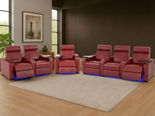 Real Leather 3+2+1 Piece Electric Home Cinema Theatre Sofa Set In Red with Chilled Cupholders + Console + Table + Power + USB + Led Lights | Rimini