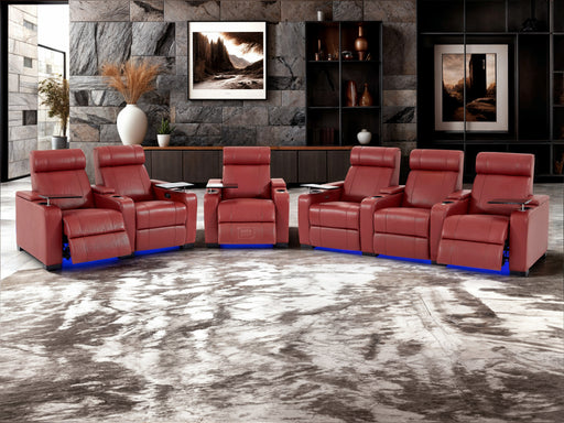 3+2+1 Piece Electric Home Cinema Theatre Sofa Set | Genuine Leather Couch Suite Package In Red + Chilled Cupholders + Console + Table + Power + USB + Led Lights | Rimini | The Sofa Shop