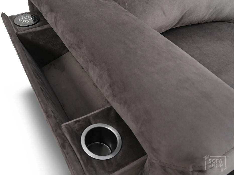 Extendable Electric Sofa - Bed in Grey Velvet Fabric | 3 Independant Power Motion Seats Perfect for Cinema Room & Home Theatre | 3 Seater with Cupholder + USBc & Wireless Charging | Almeria