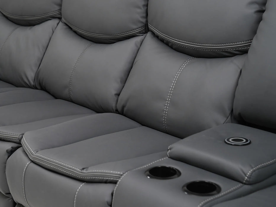 4 Seater Electric Recliner Sofa in Grey Leather | Different Colour Stitching on Left-Hand Facing and Right-Hand Facing Sides | Highgate | Second Hand Sofa 85 (New – Mismatched Stitching)