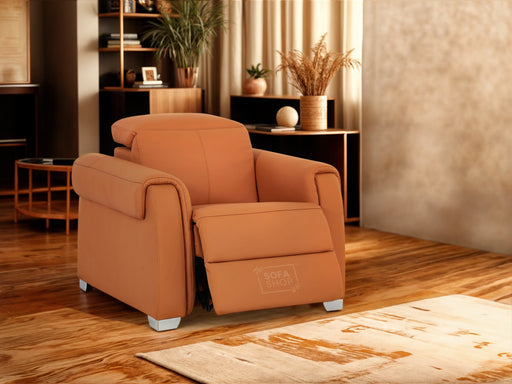 1 Seat Electric Recliner Chair Home Cinema Sofa | Genuine Leather Chair In Orange + Power Headrest + USB Charging Ports | Turin | The Sofa Shop