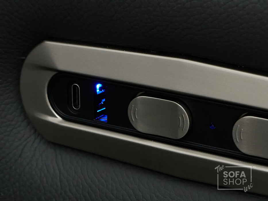 Real Leather Recliner Chair & Cinema Seat in Grey | Electric Armchair with Massage, LED Cup Holders, Table & USB Ports | Capri