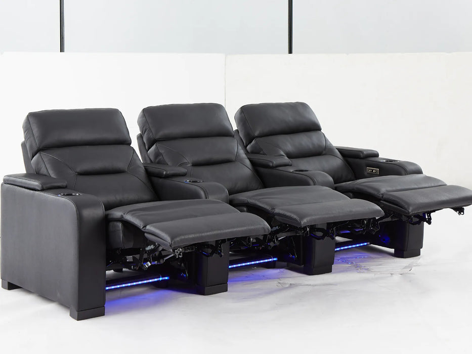 3 Seat Electric Recliner Home Cinema Theatre Sofa | Real Leather Couch in Black with Power Reclining, Power Headrests, LED Cup Holders & Storage Arms - 24