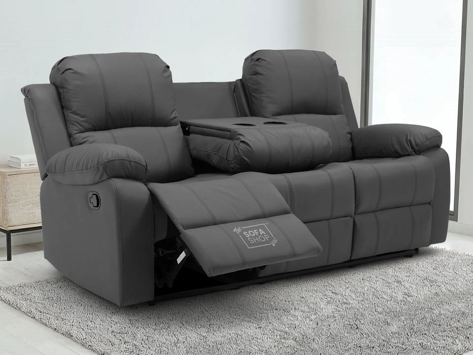 3 Seater Recliner Sofa in Grey Leather with Drop-Down Table & Cup Holders | Stylish & Easy-Care Recliner Sofa | Trento