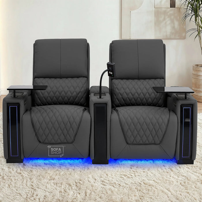 2 Seater Real Leather Electric Recliner Cinema Sofa in Grey | Hi-Tech Couch With Power Lumbar, Wireless Charging, Heat & Cooling Cupholders | Assisi | The Sofa Shop
