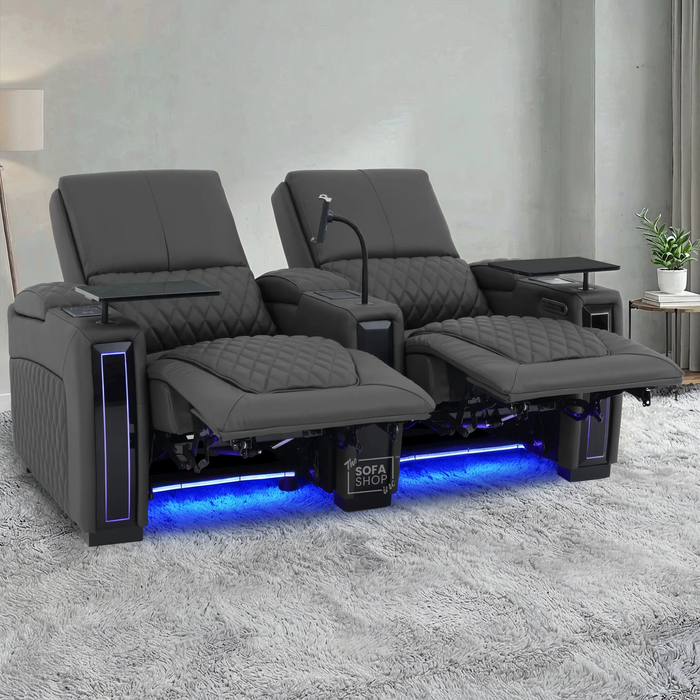 2 Seater Real Leather Electric Recliner Cinema Sofa in Grey | Hi-Tech Couch With Power Lumbar, Wireless Charging, Heat & Cooling Cupholders | Assisi | The Sofa Shop