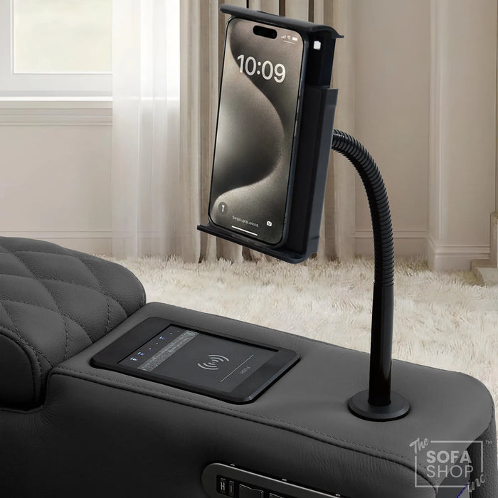 2 Seater Real Leather Electric Recliner Cinema Sofa in Grey | Hi-Tech Couch With Power Lumbar, Wireless Charging, Heat & Cooling Cupholders | Assisi | The Sofa Shop