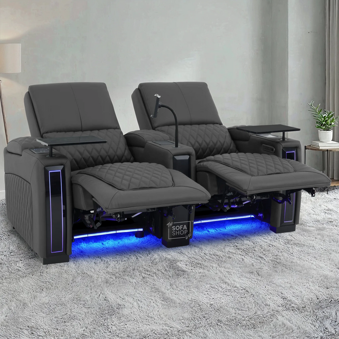 2 Seater Real Leather Electric Recliner Cinema Sofa in Grey | Hi-Tech Cinema Sofa With Power Lumbar, Wireless Charging & Heating & Cooling Cup Holders | Assisi | The Sofa Shop