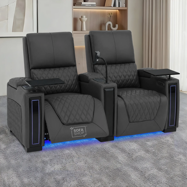 2 Seater Real Leather Electric Recliner Cinema Sofa in Grey | Hi-Tech Couch With Power Lumbar, Wireless Charging, Heat & Cooling Cupholders | Assisi | The Sofa Shop