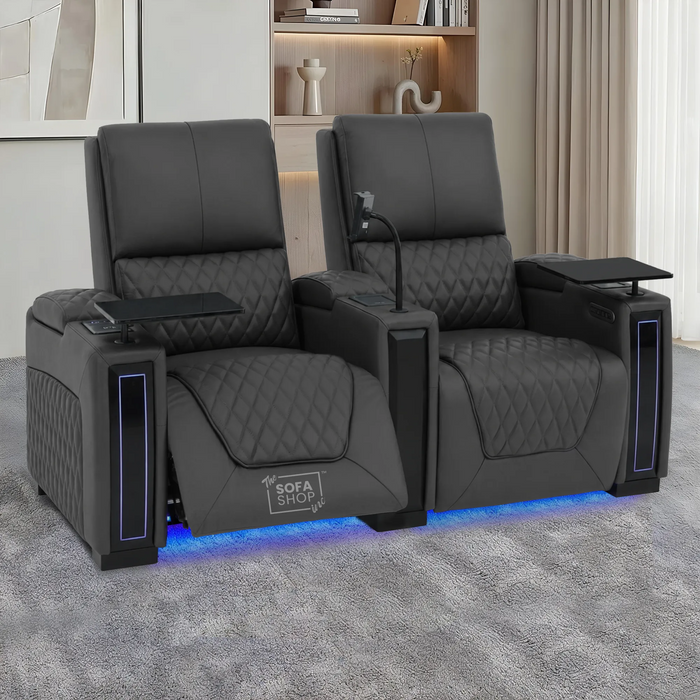2 Seater Real Leather Electric Recliner Cinema Sofa in Grey | Hi-Tech Couch With Power Lumbar, Wireless Charging, Heat & Cooling Cupholders | Assisi | The Sofa Shop