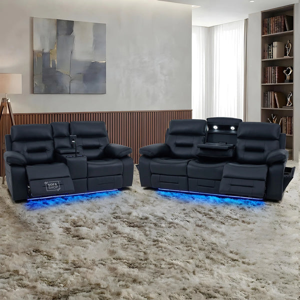 3+2 Electric Recliner Sofa Set in Black Real Leather | Hi-Tech Cinema Sofa Set with Bluetooth Speakers & Multi-Link, Power Grommets, Power Headrest, Power Recliner, USB & Wireless Charging | Sicily | The Sofa Shop