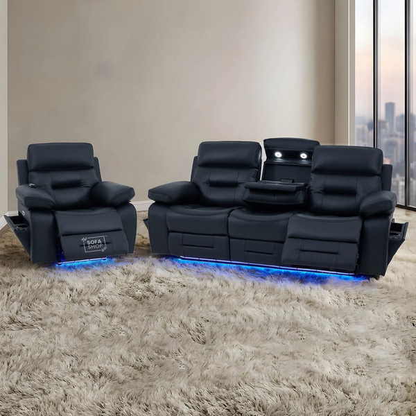 3+1 Electric Recliner Sofa Suite in Black Real Leather | Hi-Tech Cinema Set with Power Recline, Power Headrest, Drop-Down Table, Storage Drawer, USB & Wireless Charging | Sicily | The Sofa Shop