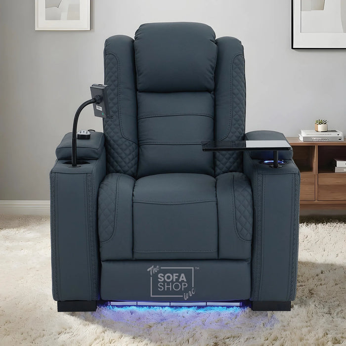 1 Seater Cinema Chair in Blue Genuine Leather | Hi-Tech Cinema Armchair with Power Recline + Power Headrest + Vibration Massage + Heated Lumbar+ Power Grommet | Napoli | The Sofa Shop