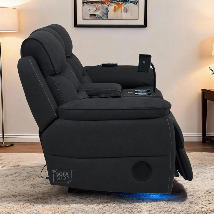 2 Seater Charcoal Grey Fabric Electric Recliner Cinema Sofa | Hi-tech Recliner Couch With Massage Vibration, Heated Lumbar, Cooling & Heating Cupholders, Bluetooth & Multi-Link | Florence | The Sofa Shop