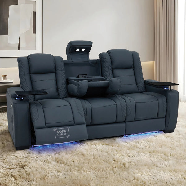 3 Seater Cinema Sofa in Blue Genuine Leather | Hi-Tech Cinema Sofa with Power Recline + Power Headrests + Vibration + Sockets + Base Storage | Napoli | The Sofa Shop