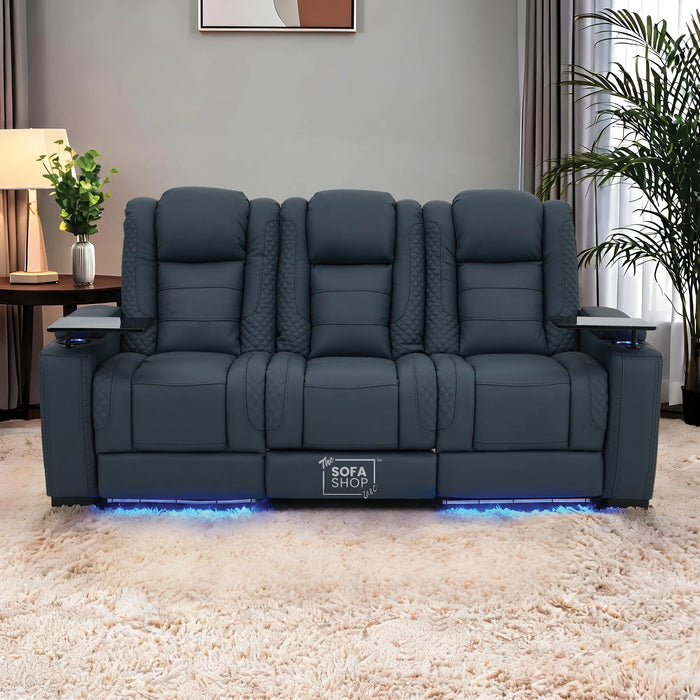 3 Seater Cinema Sofa in Blue Genuine Leather | Hi-Tech Cinema Sofa with Power Recline + Power Headrests + Vibration + Sockets + Base Storage | Napoli | The Sofa Shop