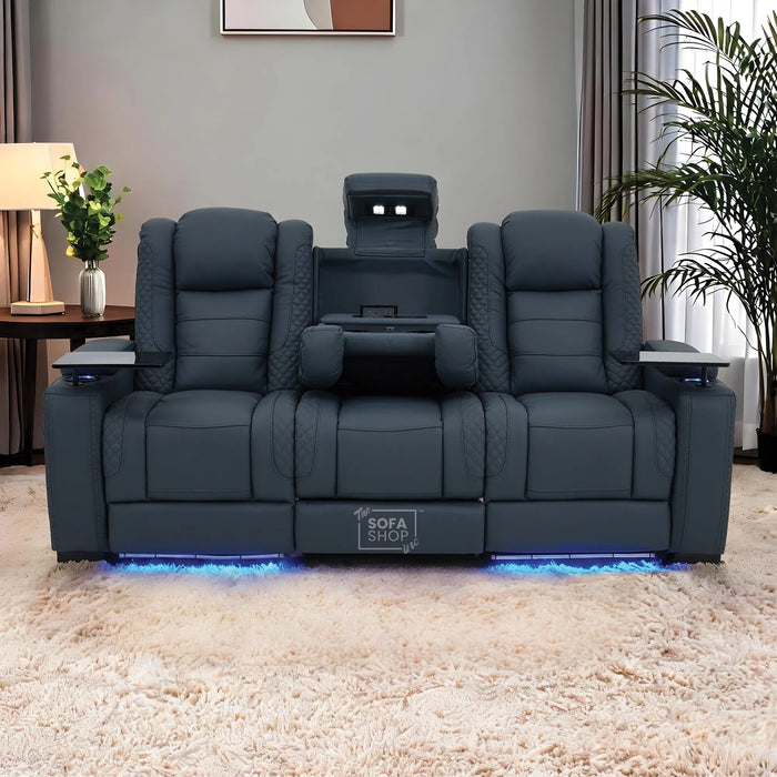 3 Seater Cinema Sofa in Blue Genuine Leather | Hi-Tech Cinema Sofa with Power Recline + Power Headrests + Vibration + Sockets + Base Storage | Napoli | The Sofa Shop