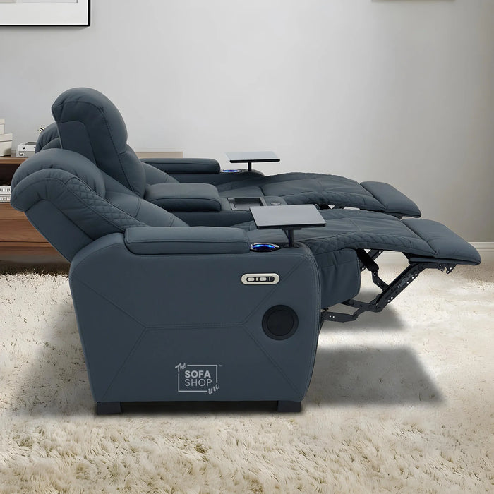 3+2 Seater Blue Real Leather Recliner Cinema Sofa | Hi-Tech Sofa Suite with Power Recline + Power Headrests + Wireless Charging + Bluetooth Speakers + Heat & Cool Cupholders | Napoli | The Sofa Shop
