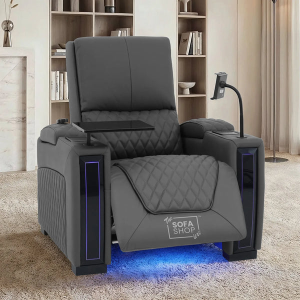 1 Seater Grey Real Leather Electric Recliner Cinema Chair | Recliner Armchair With Vibration Massage, Heated Lumbar And Cooling Cup Holder & Wireless Charging | Assisi | The Sofa Shop