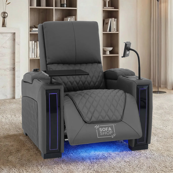 1 Seater Grey Real Leather Electric Recliner Cinema Chair | Recliner Armchair With Vibration Massage, Heated Lumbar And Cooling Cup Holder & Wireless Charging | Assisi | The Sofa Shop
