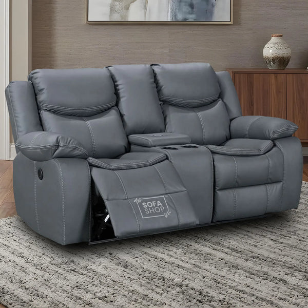 2 Seater Cinema Sofa in Grey Super Fiber Leather | Hi-Tech Console Couch with Power Recline + USB Charging + Wireless Charging + Console Storage + Cup Holders | Highgate | The Sofa Shop