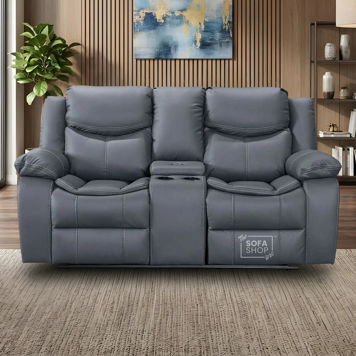 2 Seater Cinema Sofa in Grey Super Fiber Leather | Hi-Tech Console Couch with Power Recline + USB Charging + Wireless Charging + Console Storage + Cup Holders | Highgate | The Sofa Shop