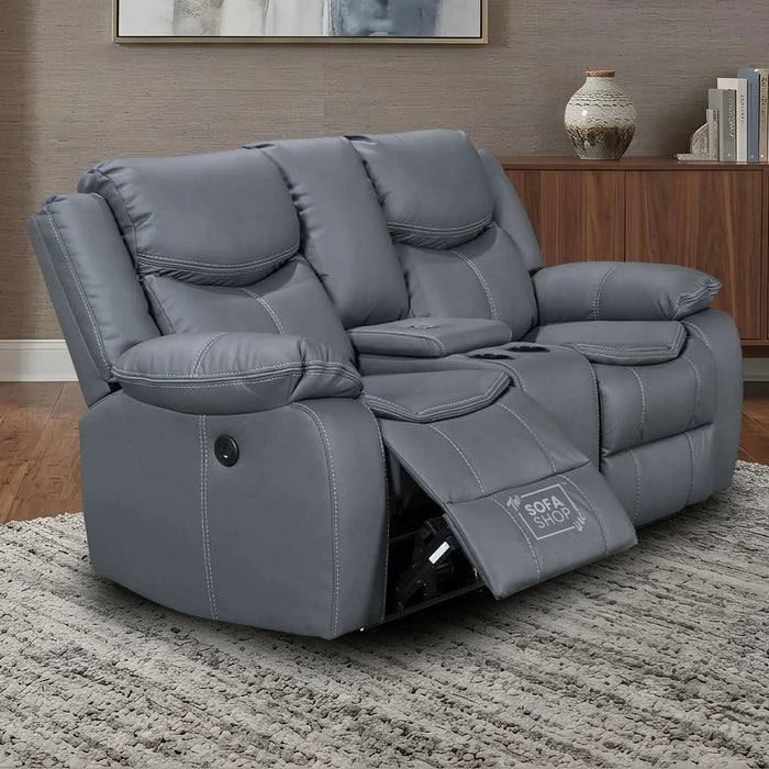 2 Seater Cinema Sofa in Grey Super Fiber Leather | Hi-Tech Console Couch with Power Recline + USB Charging + Wireless Charging + Console Storage + Cup Holders | Highgate | The Sofa Shop