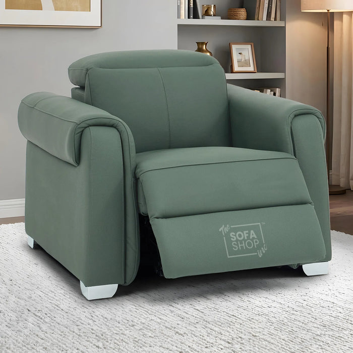Real Leather Electric Recliner Chair In Green | Hi-Tech Chair with Massage, Power Headrest + USB Charging Ports | Turin