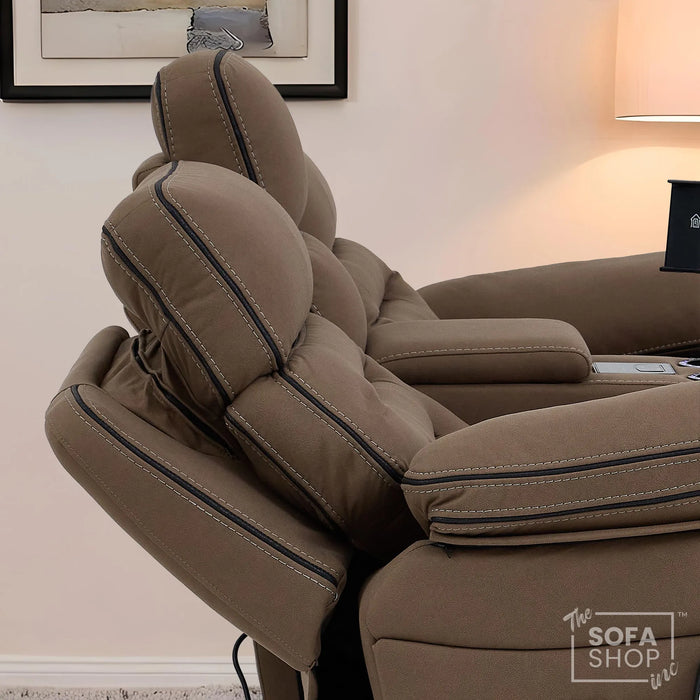 2 Seater Electric Recliner Cinema Sofa in Brown Fabric | Hi-Tech Sofa with 8-Point Massage, USB, Speakers, Power Headrest, Storage & Chilled Cup Holders | Tuscany | The Sofa Shop