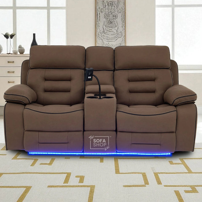 2 Seater Electric Recliner Cinema Sofa in Brown Fabric | Hi-Tech Sofa with 8-Point Massage, USB, Speakers, Power Headrest, Storage & Chilled Cup Holders | Tuscany | The Sofa Shop