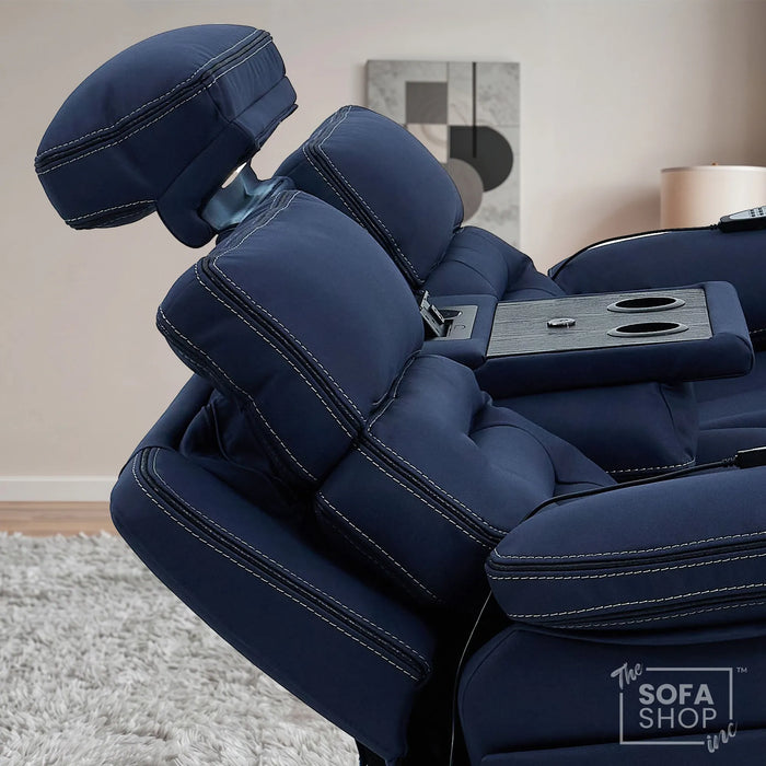 3 Seater Blue Fabric Electric Recliner Cinema Sofa | Hi-Tech Sofa With Massage, Heat, Multi-Link Bluetooth, Fold-Down Table & Wireless Charger, Power Headrest | Tuscany | The Sofa Shop