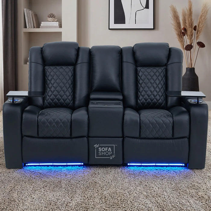 Black Real Leather 2 Seater Electric Recliner Cinema Sofa | Power Headrest, Speakers, Console, Wireless Charging & Cooling Cup Holders | Milano | The Sofa Shop