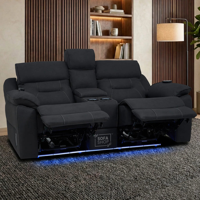 2 Seater Charcoal Grey Fabric Electric Recliner Cinema Sofa | Hi-tech Recliner Couch With Massage Vibration, Heated Lumbar, Cooling & Heating Cupholders, Bluetooth & Multi-Link | Florence | The Sofa Shop