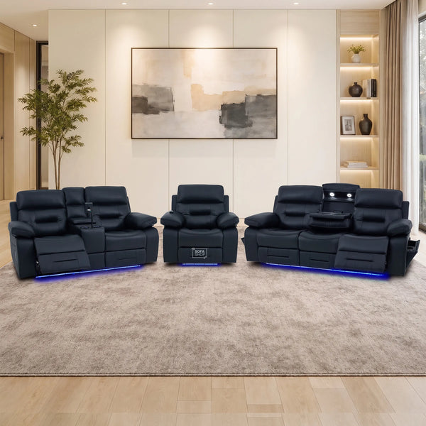 3+2+1 Electric Recliner Sofa Set in Black Genuine Leather | Hi-Tech Sofa Suite with Power Recline, Power Headrests, Wireless Charging, Heating & Cooling Cupholders | Sicily | The Sofa Shop