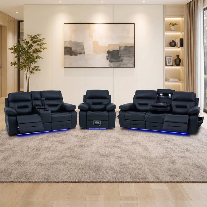 3+2+1 Electric Recliner Sofa Set in Black Genuine Leather | Hi-Tech Sofa Suite with Power Recline, Power Headrests, Wireless Charging, Heating & Cooling Cupholders | Sicily | The Sofa Shop