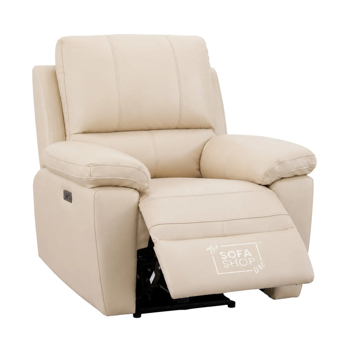 3+1 Electric Recliner Sofa Set In Cream Real Leather | Recliner Sofa Suite With Power Recline + Drop-Down Table + Cup Holders + USB-C Charging | Trento | The Sofa Shop